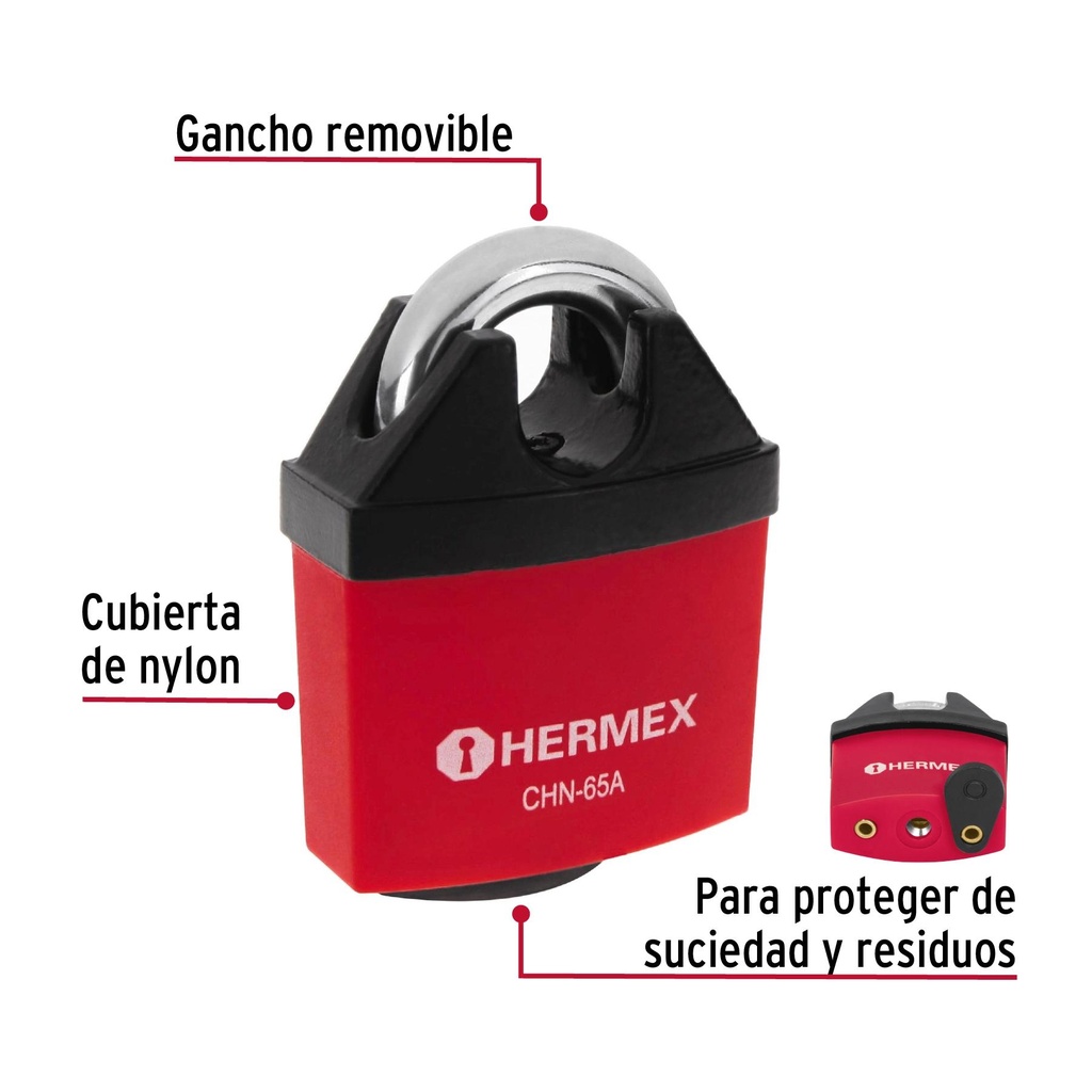 Candado de hierro 65 mm gancho protegido, llave anti-ganzúa