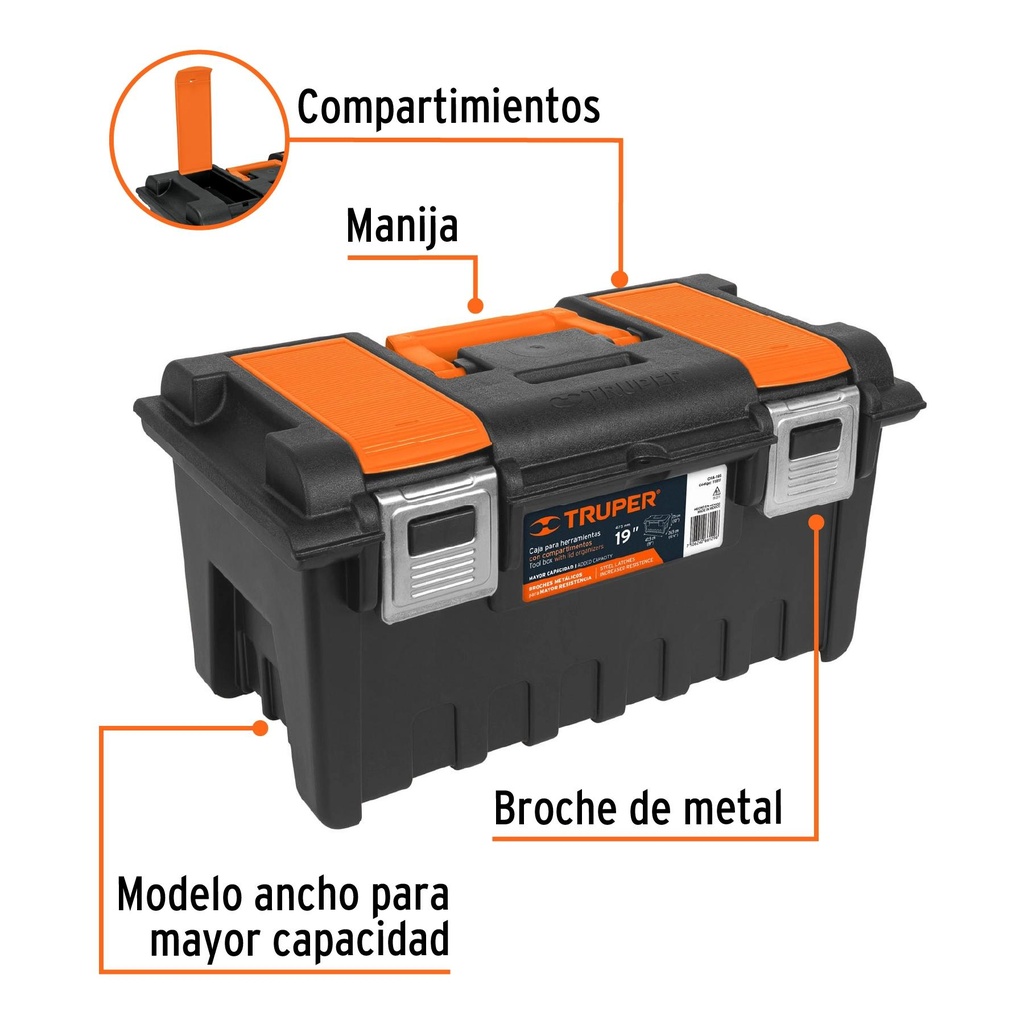 Caja p/herramienta 19' c/compartimentos y broches metálicos