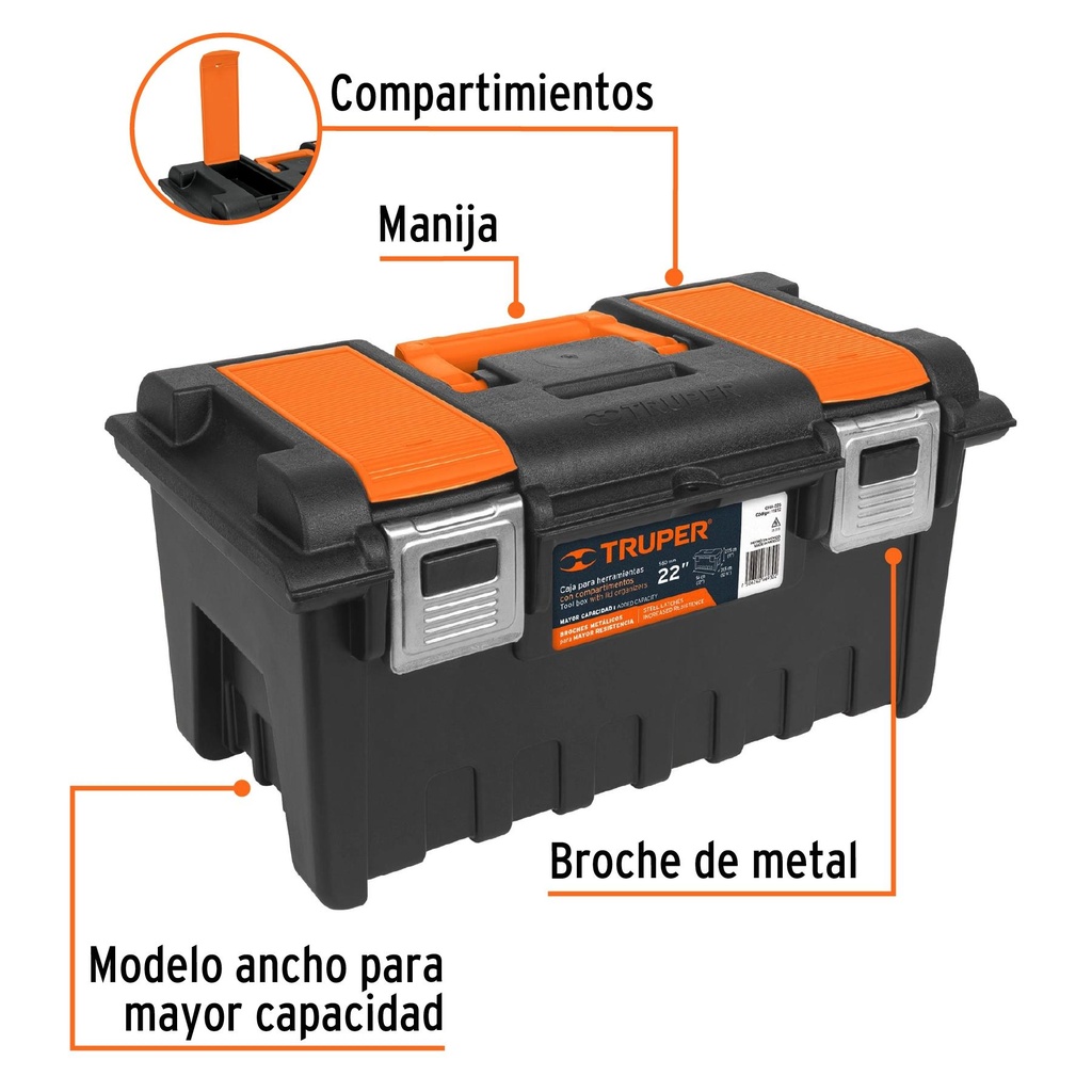 Caja p/herramienta 22' c/compartimentos y broches metálicos