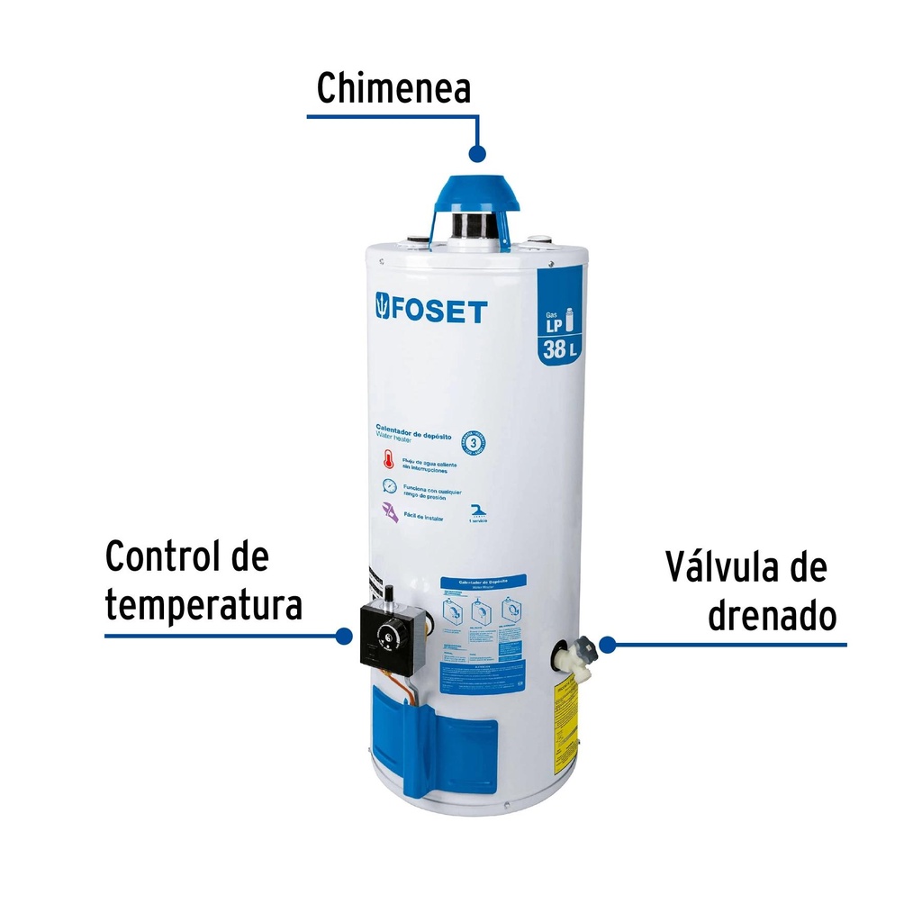 Calentador de depósito 38 L 1 servicio gas L.P., Foset