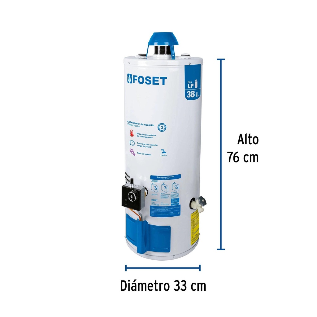 Calentador de depósito 38 L 1 servicio gas L.P., Foset