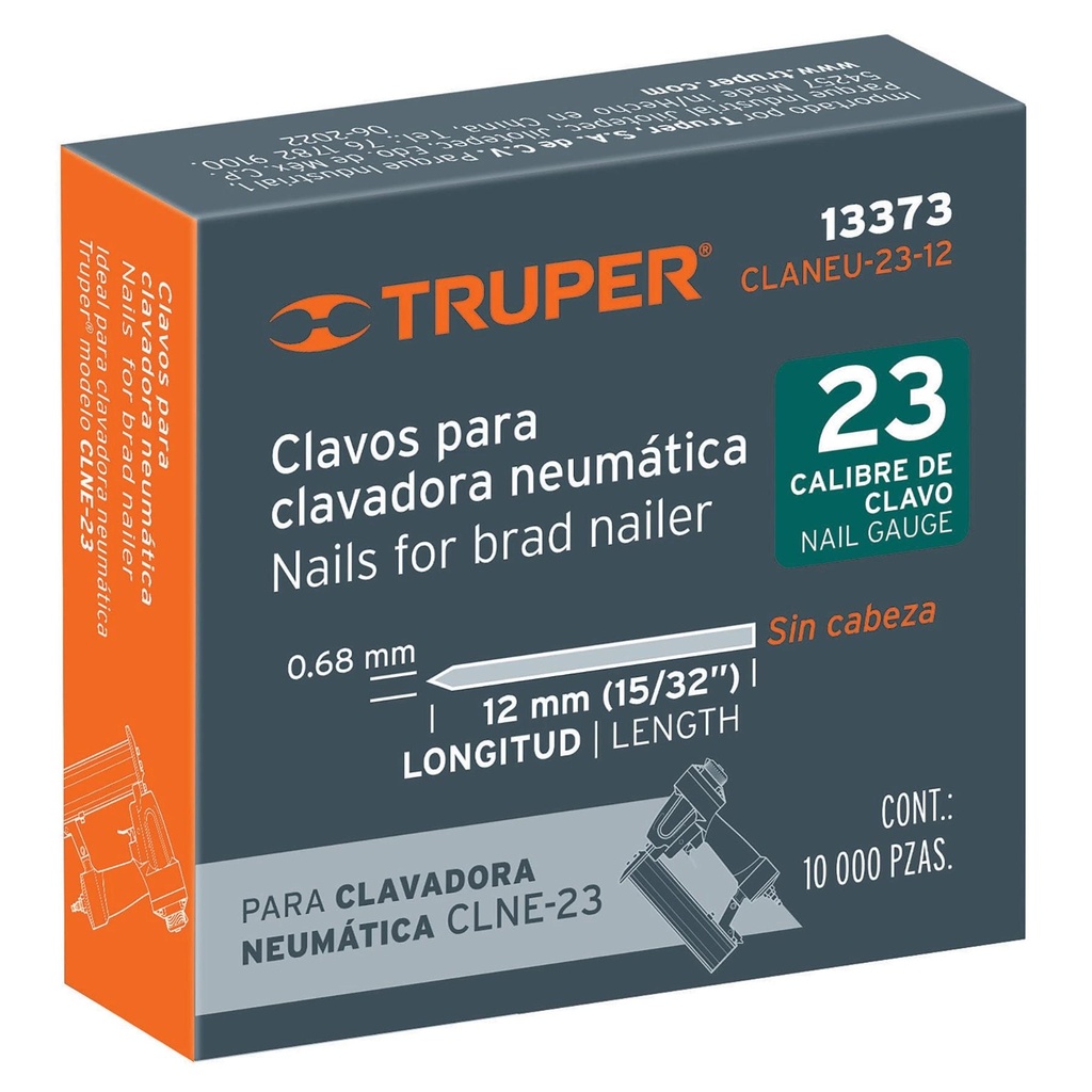 Caja con 10000 clavos calibre 23, 12mm para CLNE-23, Truper