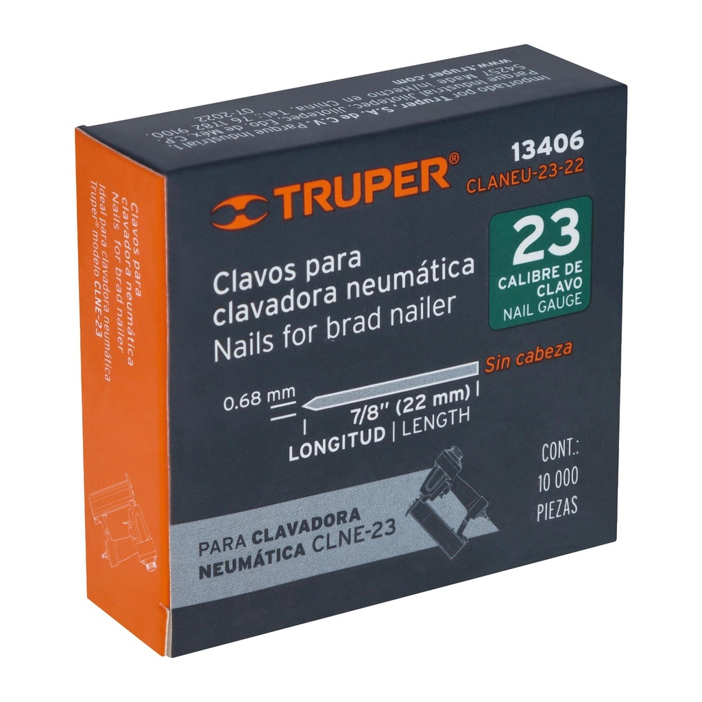 Caja con 10000 clavos calibre 23, 22 mm para CLNE-23, Truper