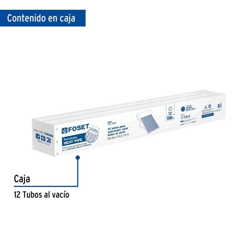 Caja con 12 tubos de vidrio heat pipe para CALE-12HS, Foset