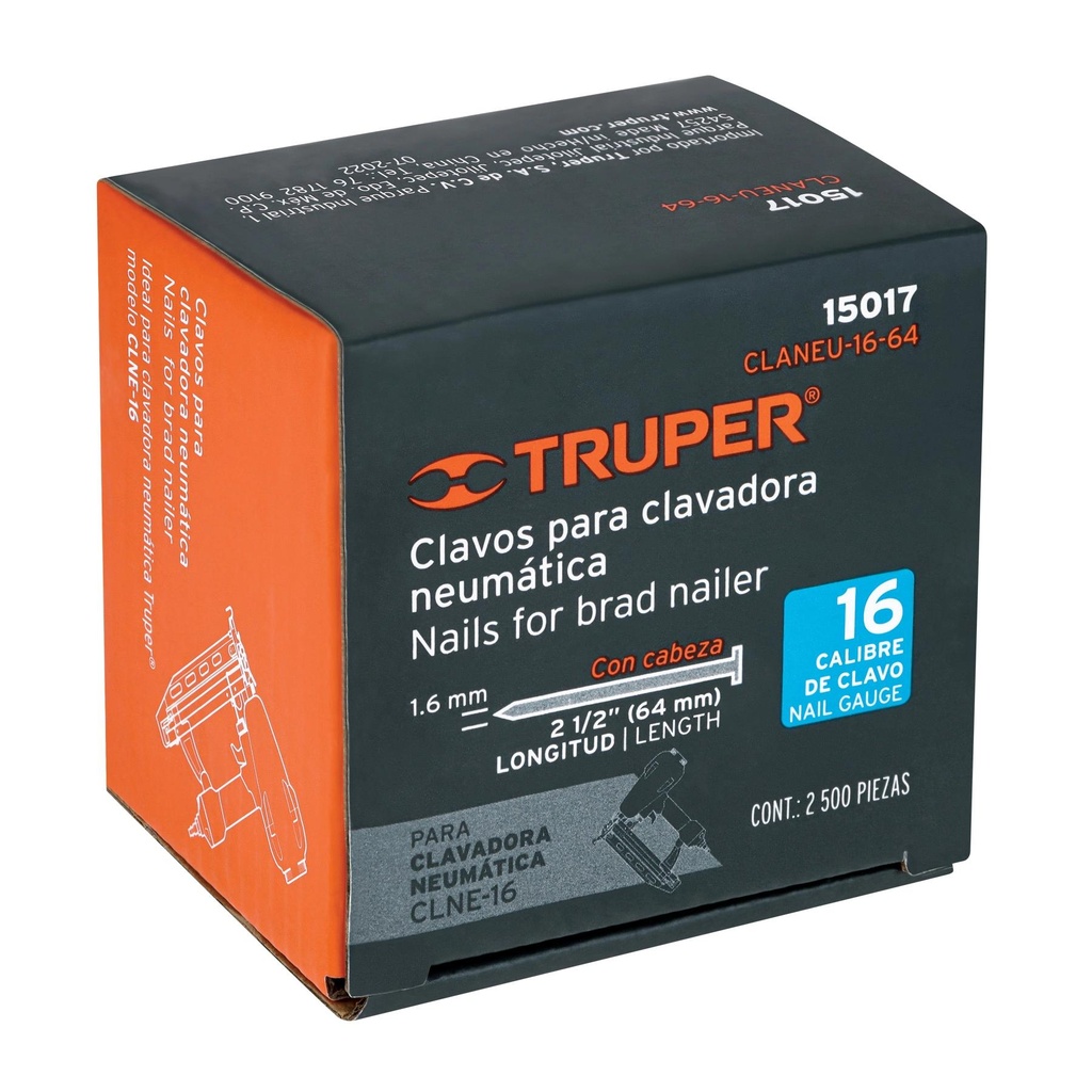 Caja con 2500 clavos calibre 16, 64 mm para CLNE-16, Truper