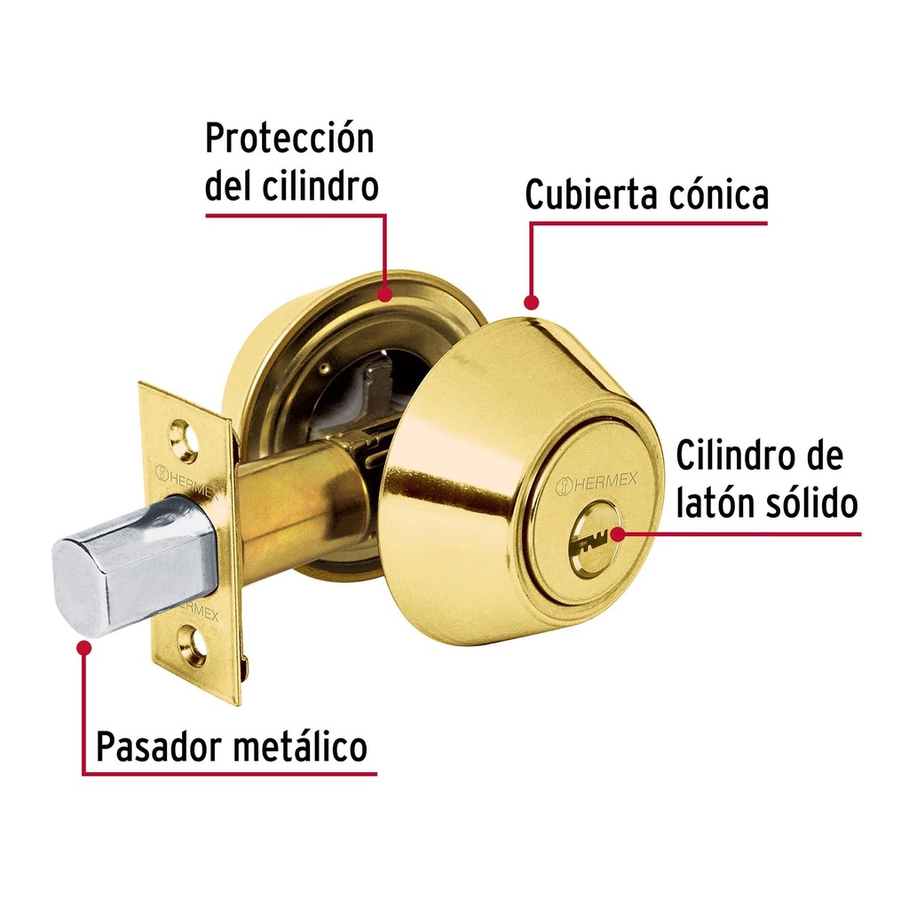 Cerrojo llave-llave latón brillante, llave de puntos, Hermex