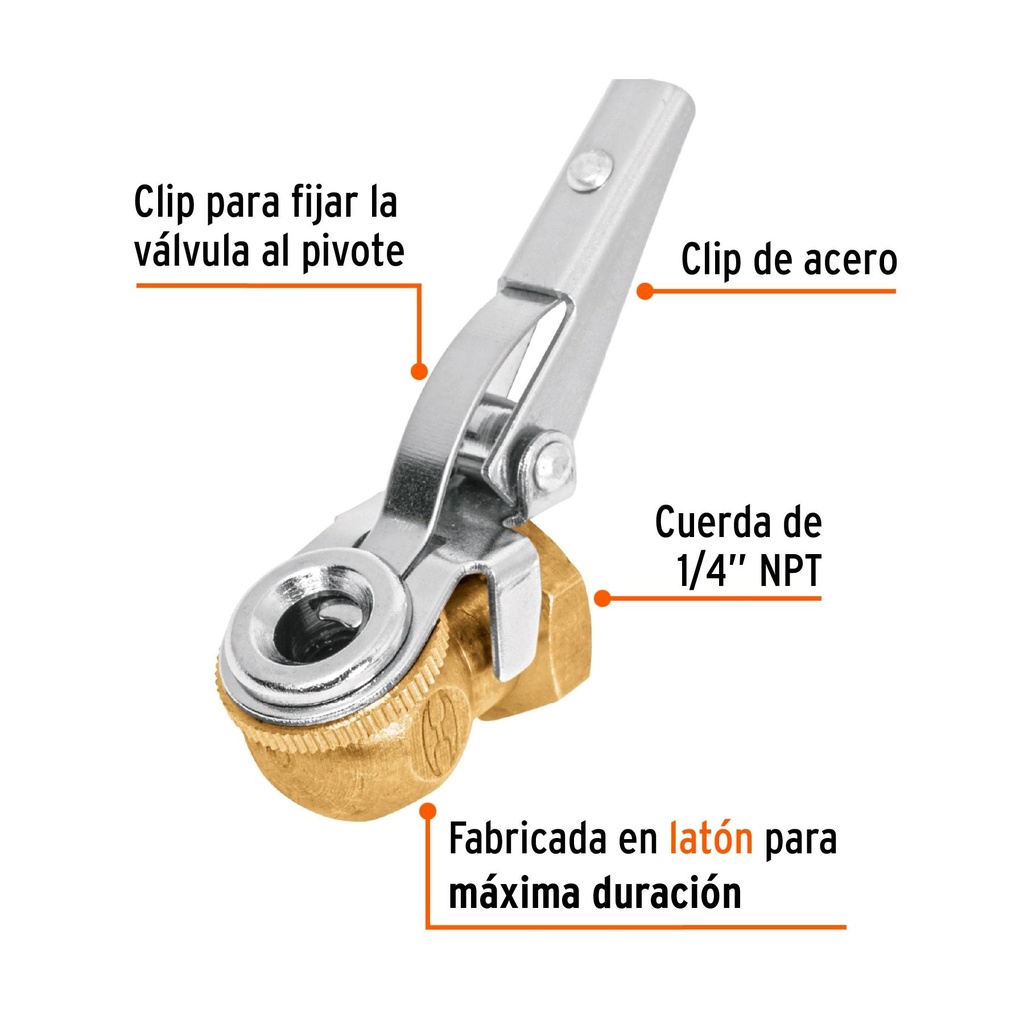 Cabeza infladora de llantas c/clip, hembra, cuerda 1/4 NPT