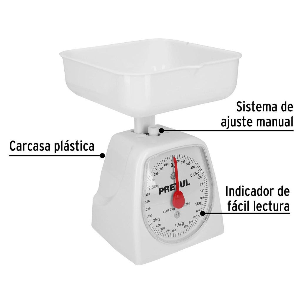 Báscula capacidad 3 kg mecánica para cocina, Pretul