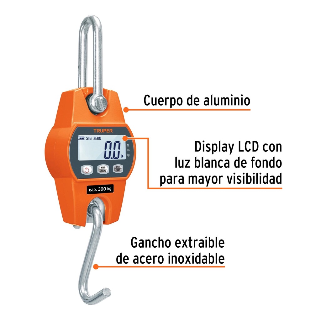 Báscula capacidad 300 kg electrónica colgante, Truper