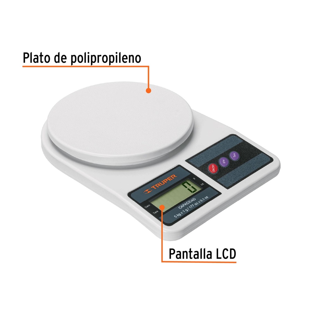 Báscula capacidad 5 kg digital para cocina, Truper