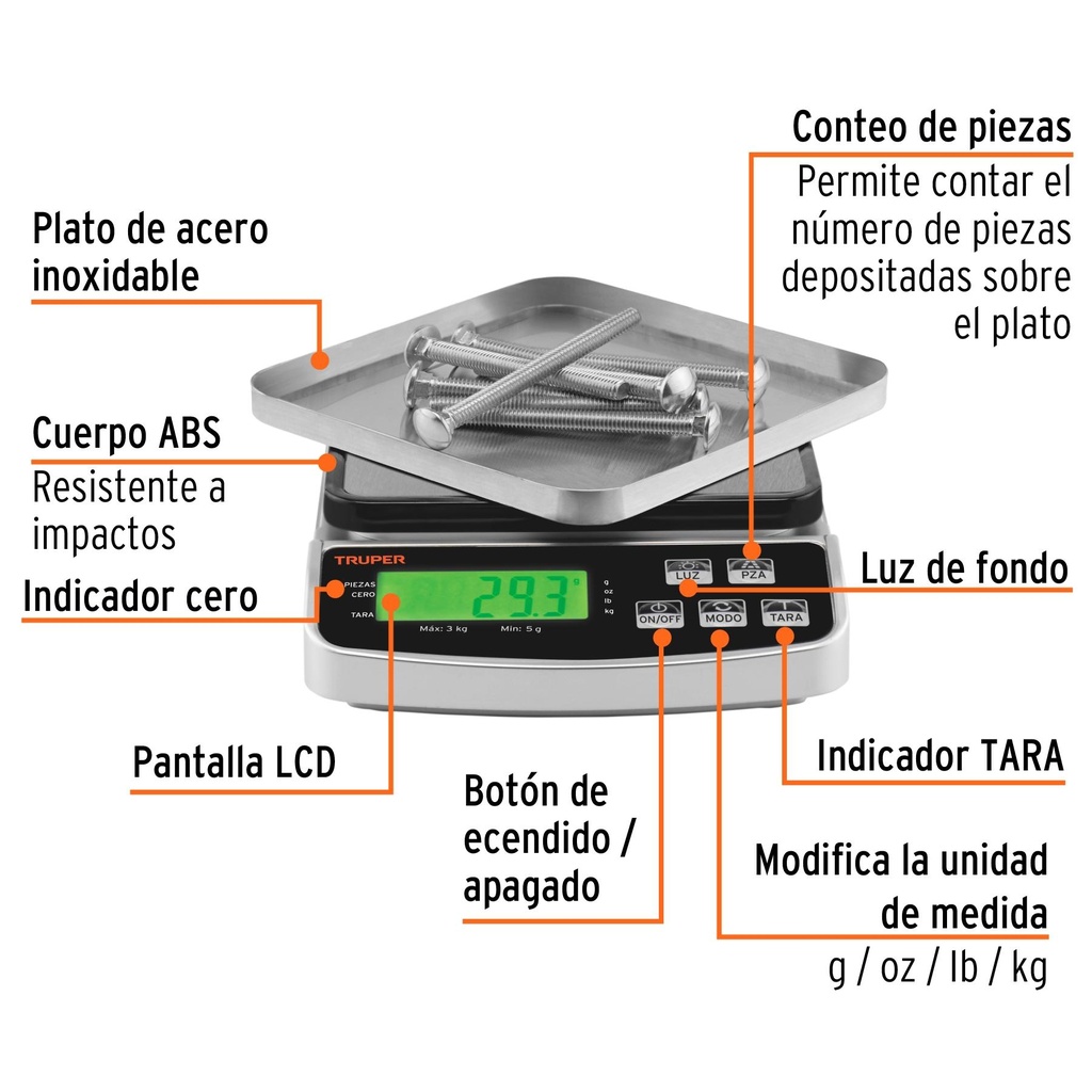 Báscula digital de precisión, 3kg, Truper