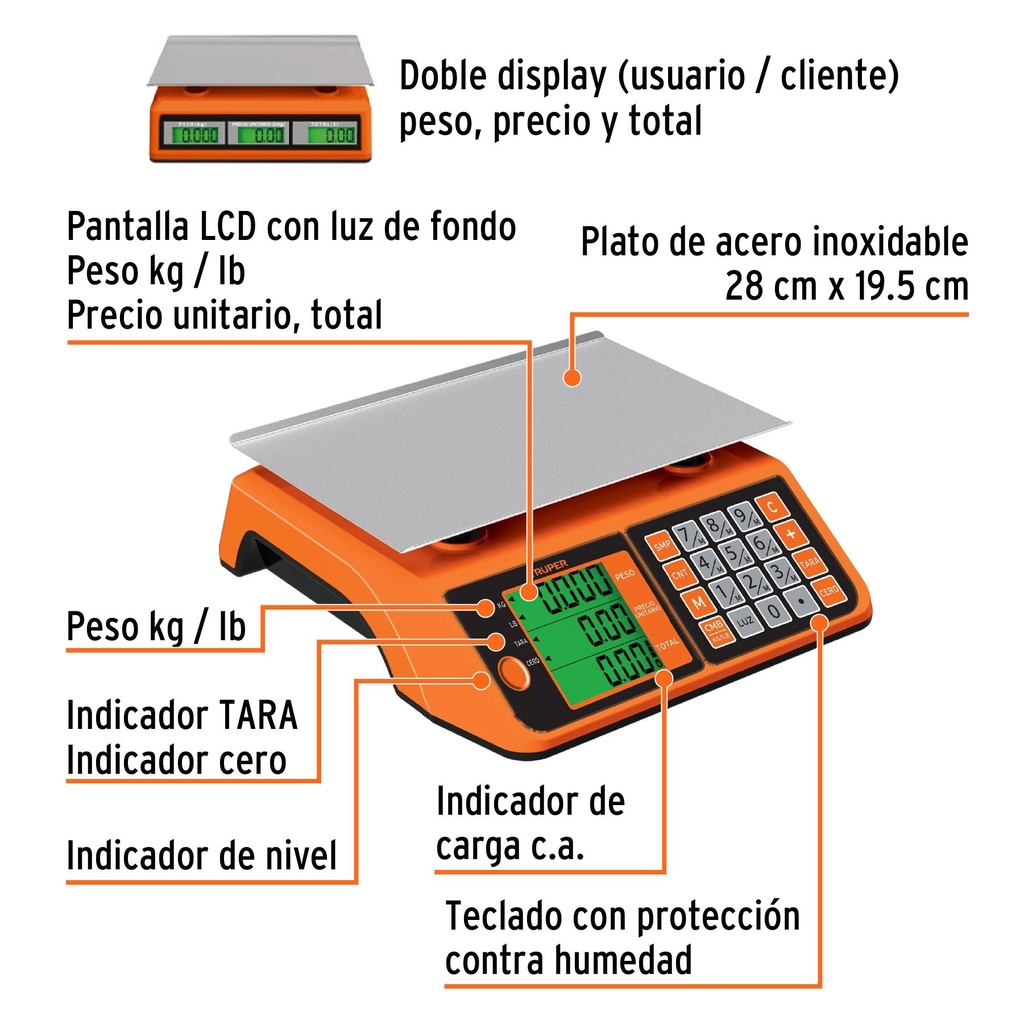 Báscula elctrónica multifunciones capacidad 20kg, Truper