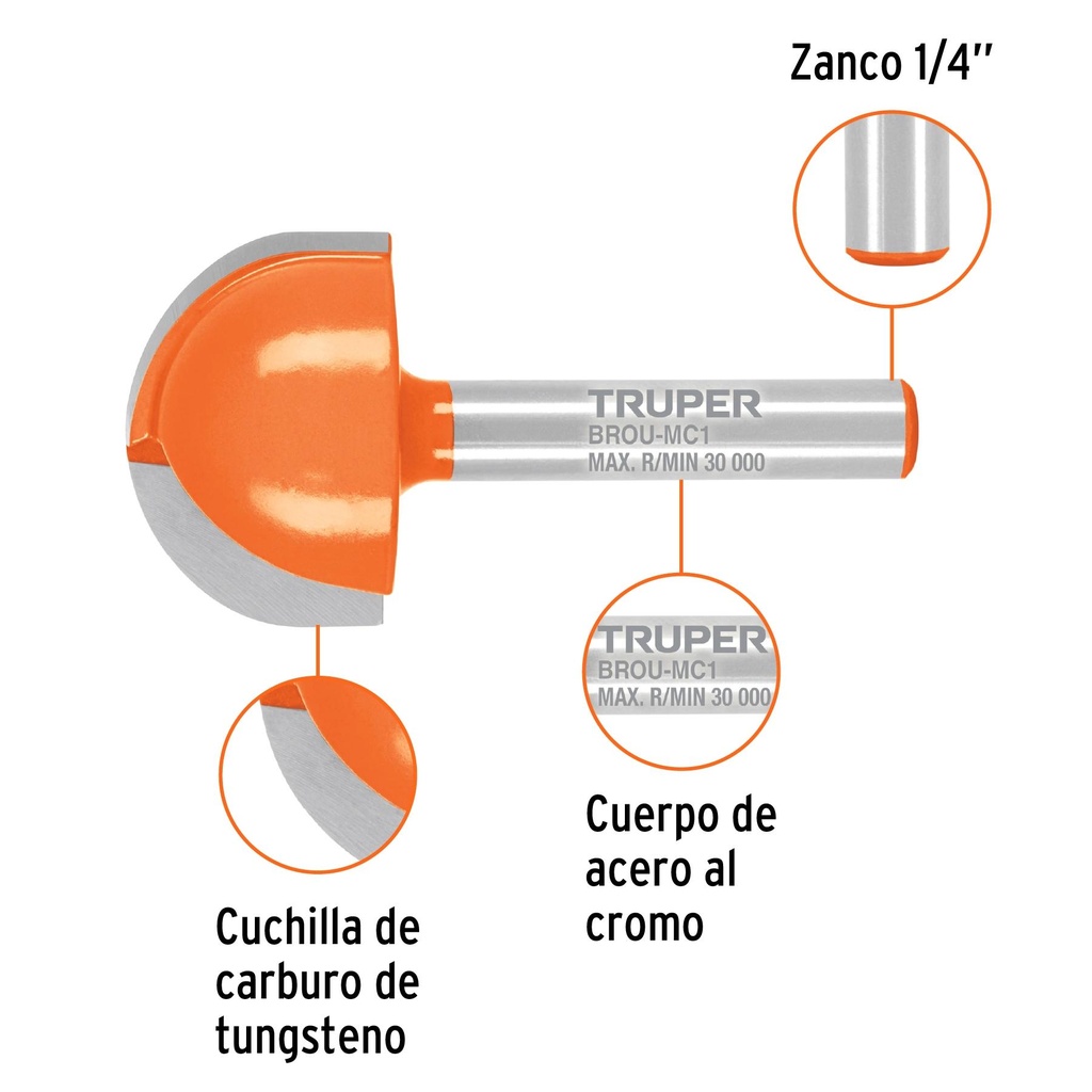 Broca para router, media caña, 1'