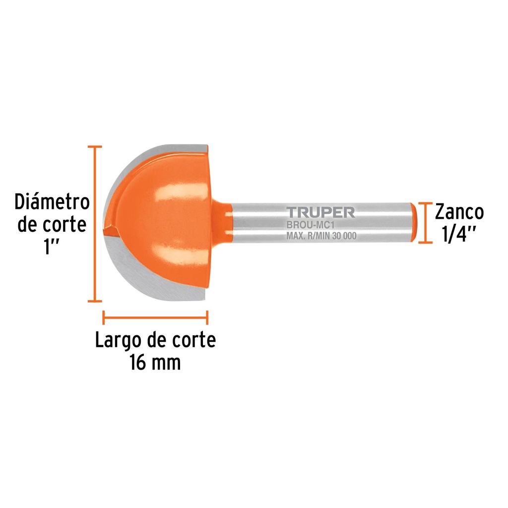 Broca para router, media caña, 1'