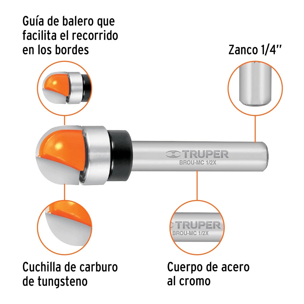 Broca para router, media caña, 1/2' con balero, Truper