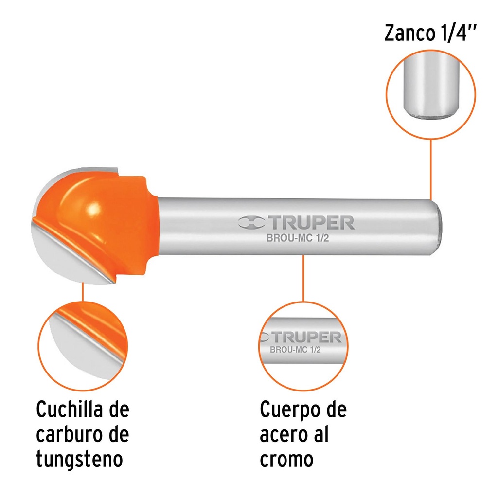 Broca para router, media caña, 1/2', Truper