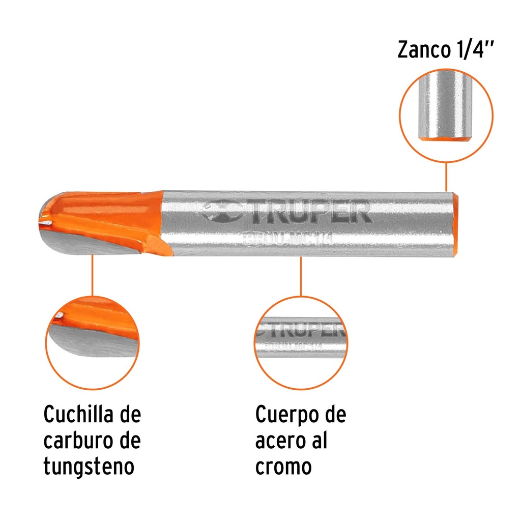 Broca para router, media caña, 1/4', Truper