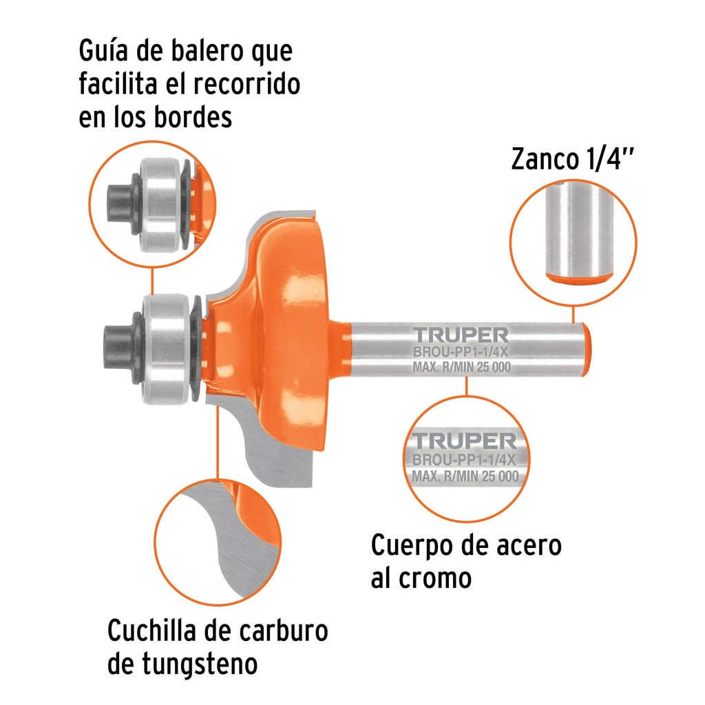 Broca para router, pecho paloma, 1-1/4' con balero