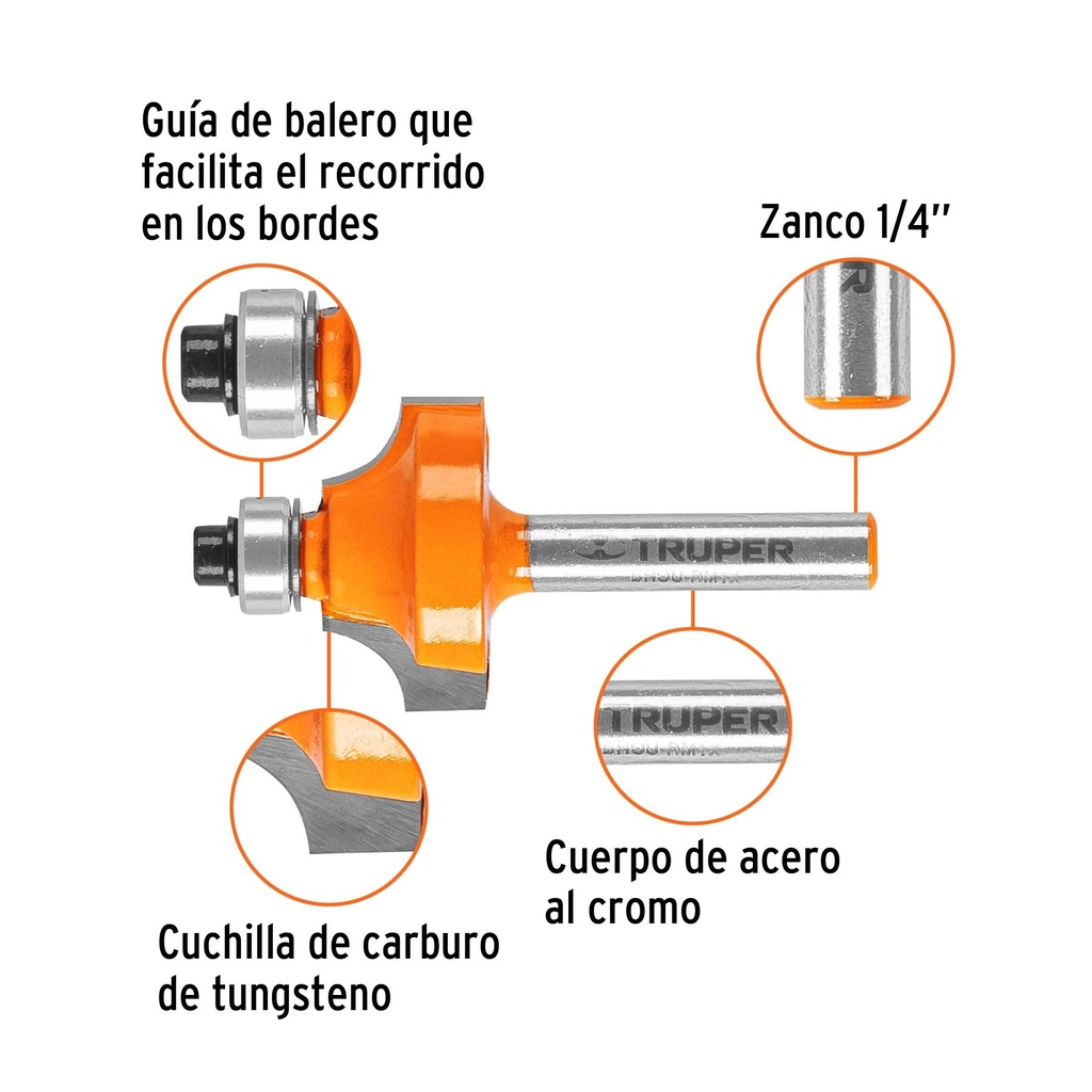 Broca para router, redondeado con moldura, 1' con balero