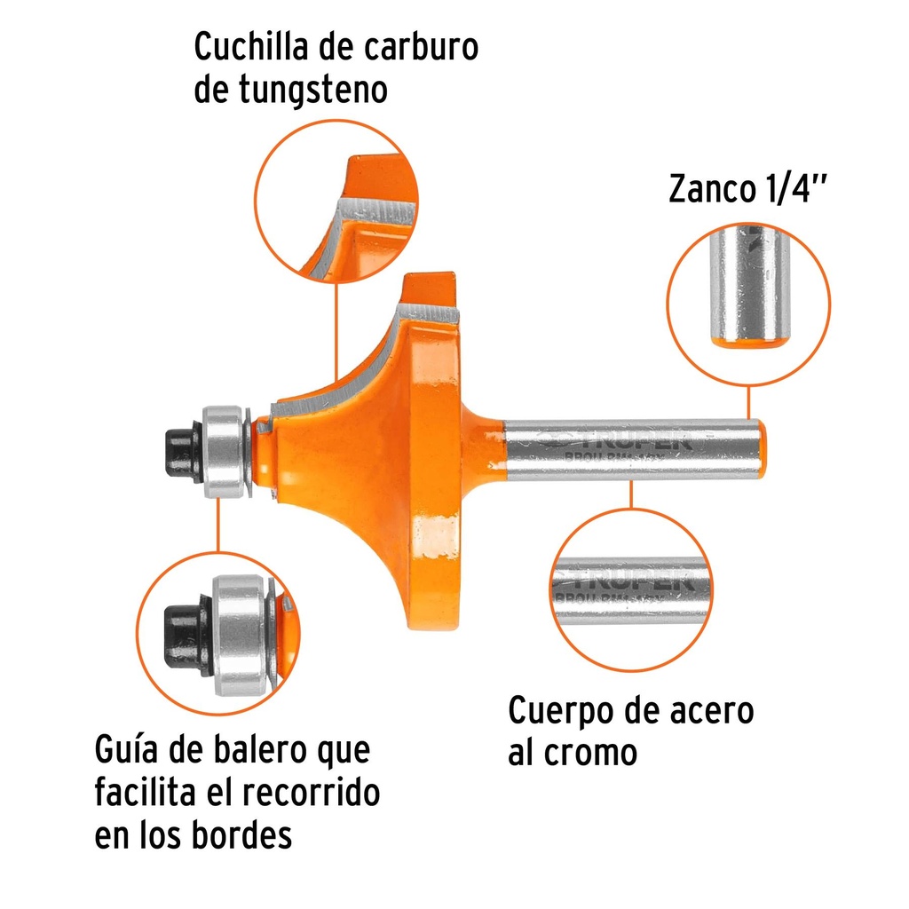 Broca para router, redondeado con moldura, 1-1/2' con balero