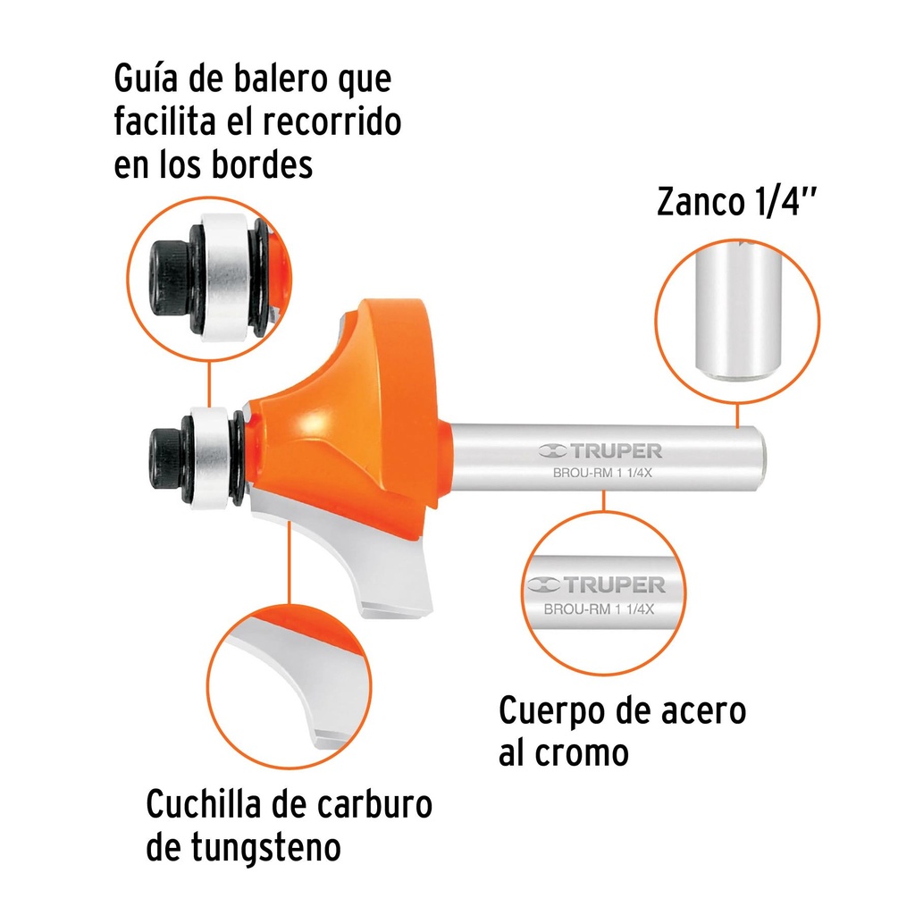 Broca para router, redondeado con moldura, 1-1/4' con balero