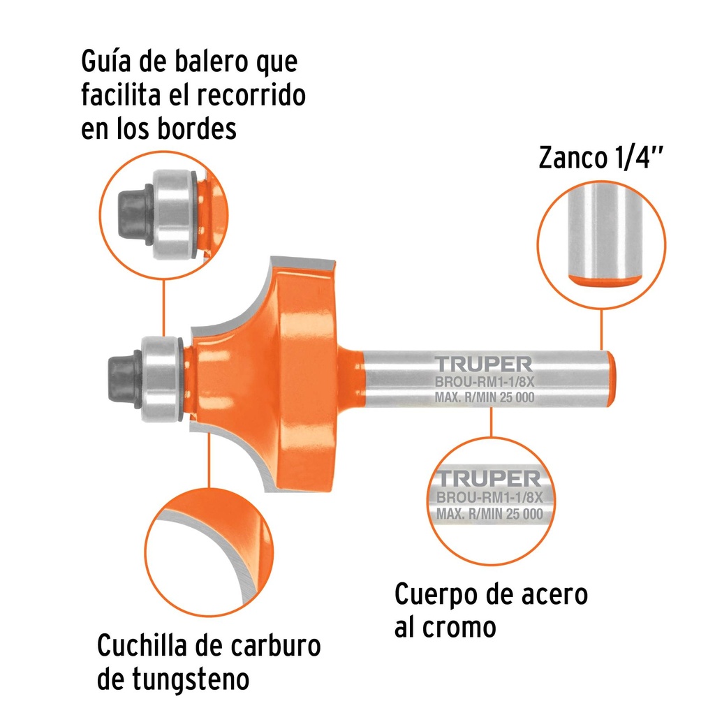 Broca para router, redondeado con moldura, 1-1/8' con balero