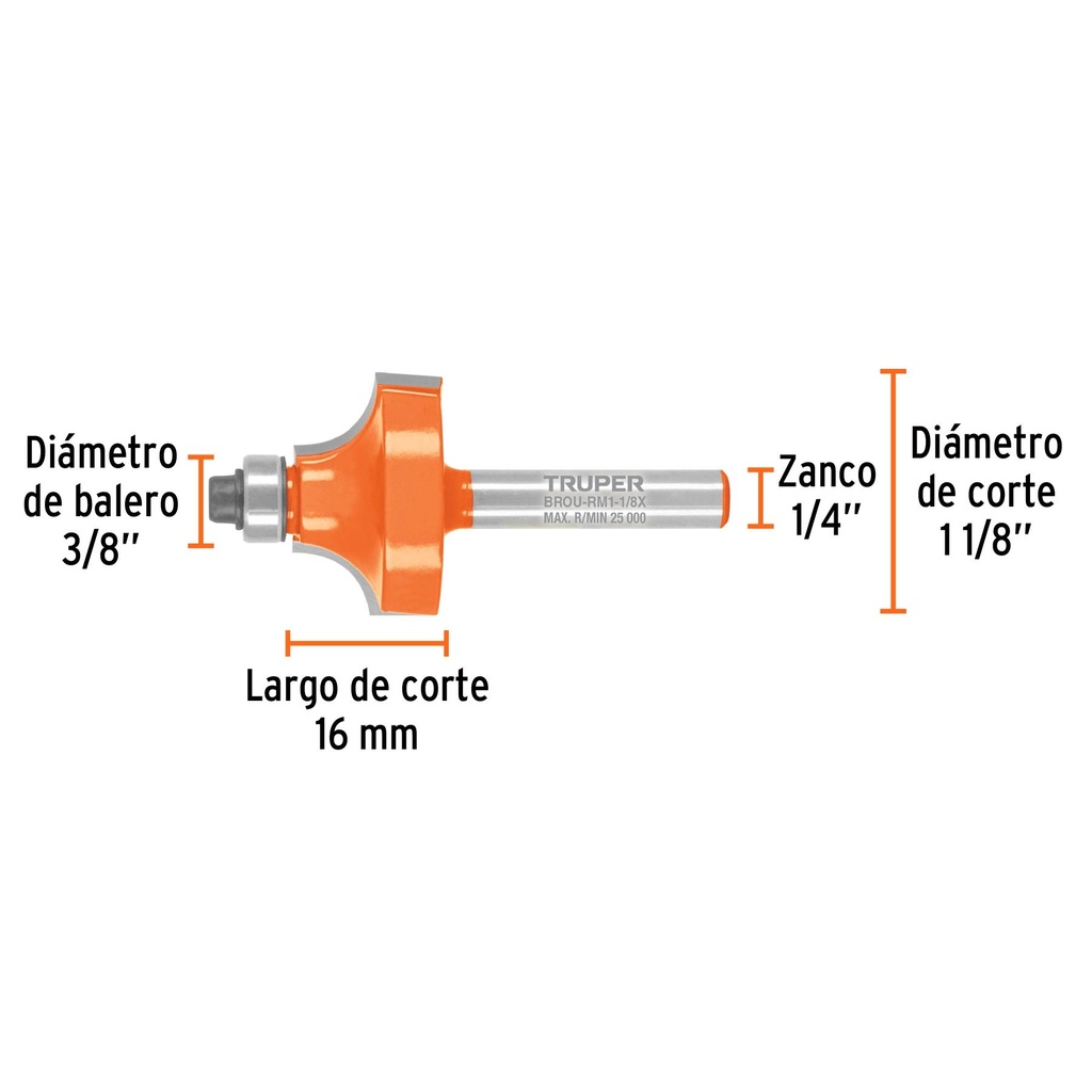 Broca para router, redondeado con moldura, 1-1/8' con balero