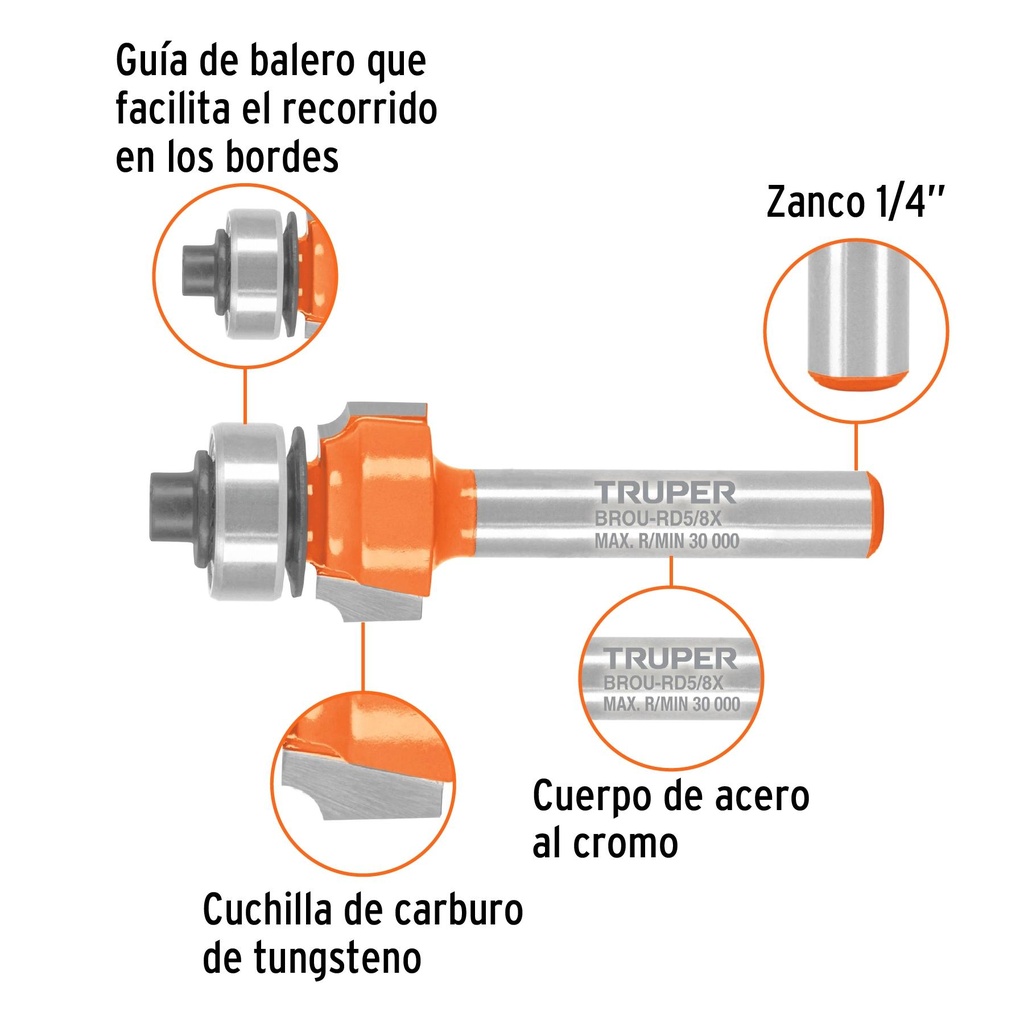 Broca para router, redondeado, 5/8' con balero