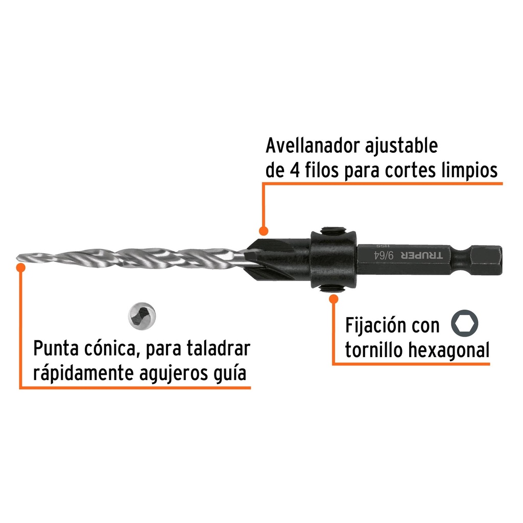 Broca avellanadora #10 para madera, 3/16', Truper