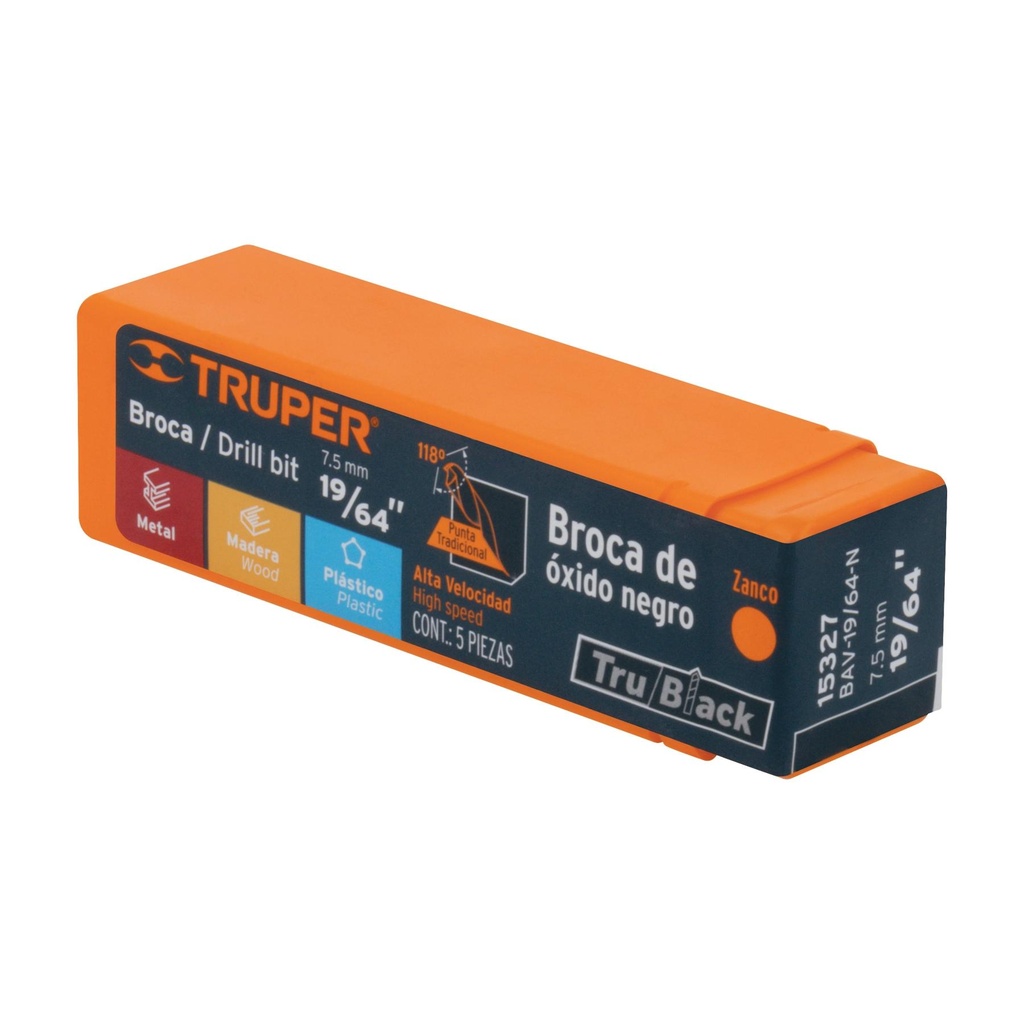 Broca HSS 19/64' Trublack para metal, Truper