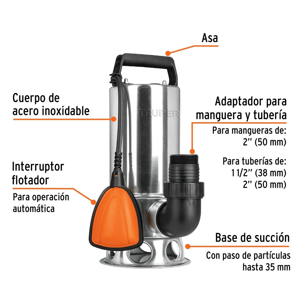 Bomba sumergible metálica para agua sucia 1-1/2 HP, Truper