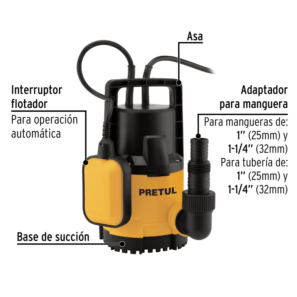 Bomba sumergible plástica 3/4 HP para agua limpia, Pretul