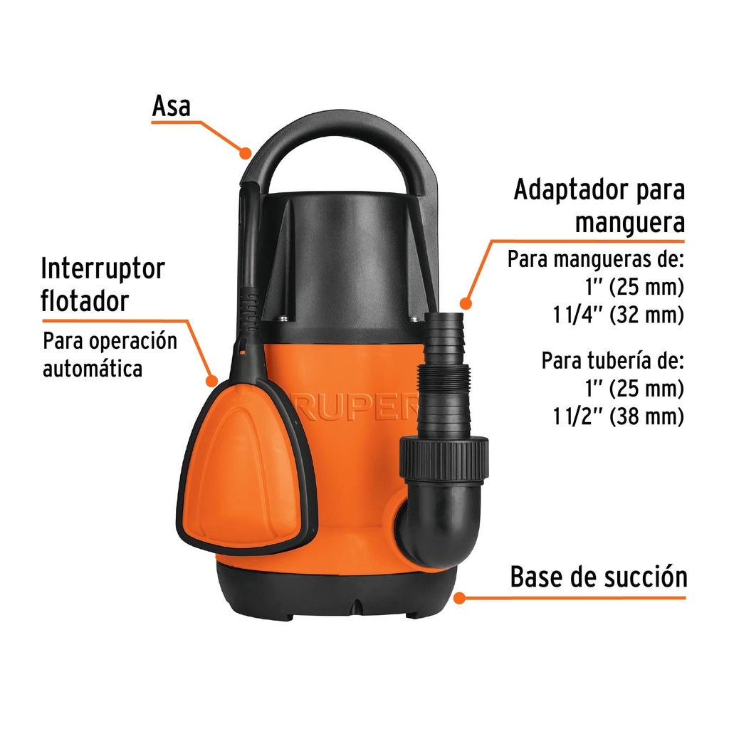 Bomba sumergible plástica para agua limpia 1 HP, Truper