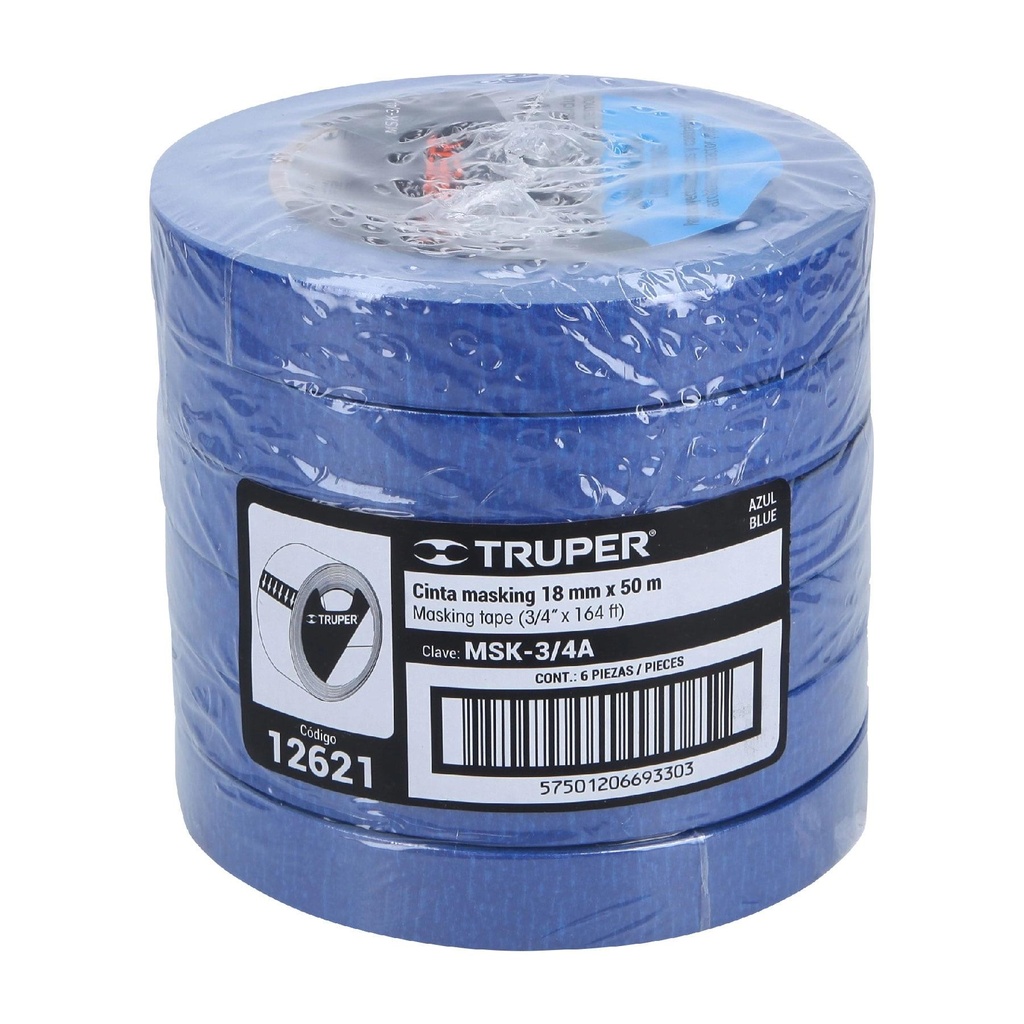 Cinta masking tape azul de 3/4' x 50 m, Truper