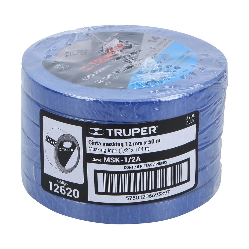 Cinta masking tape azul de 1/2' x 50 m, Truper