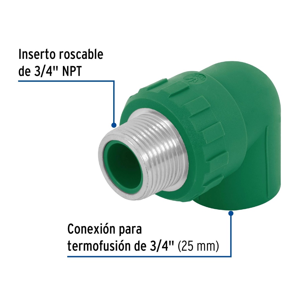 Codo 90° PPR de 3/4' macho con inserto metálico, Foset