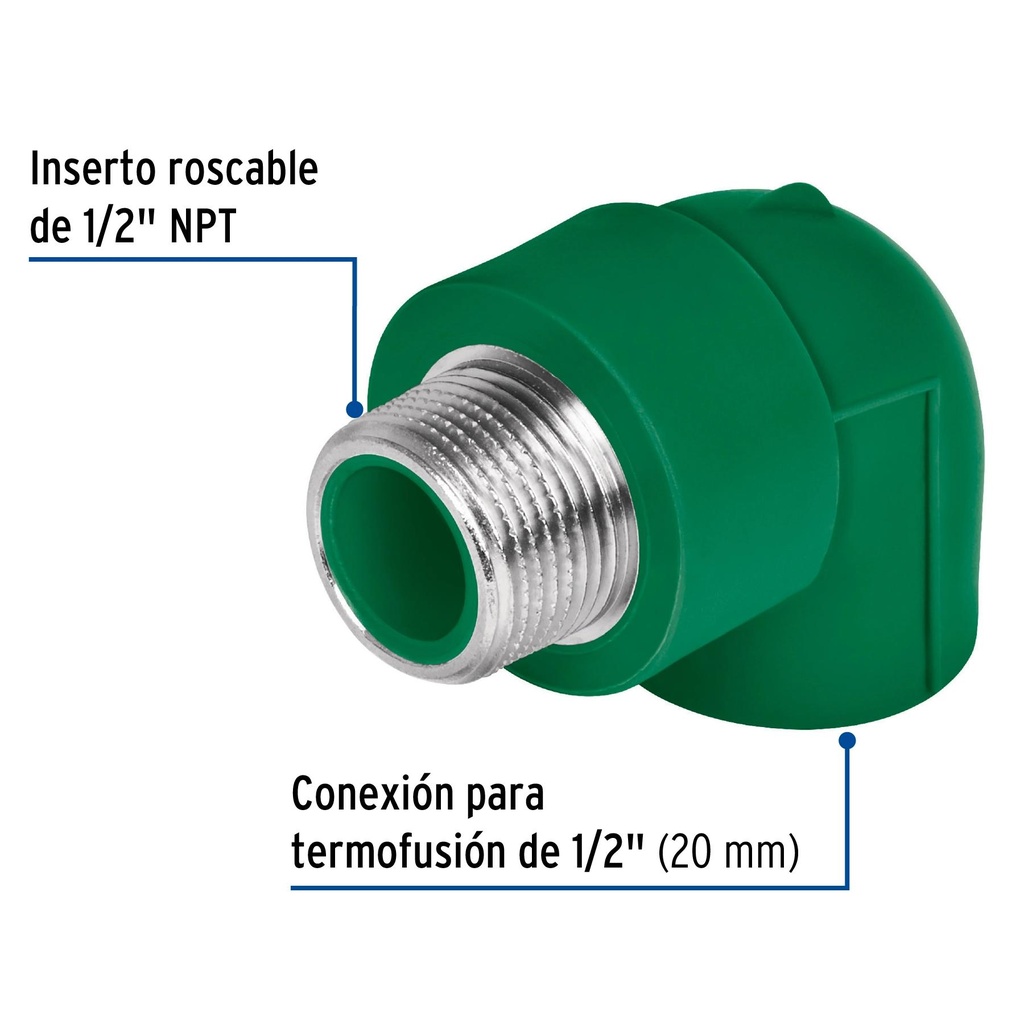 Codo 90° PPR de 1/2' macho con inserto metálico, Foset