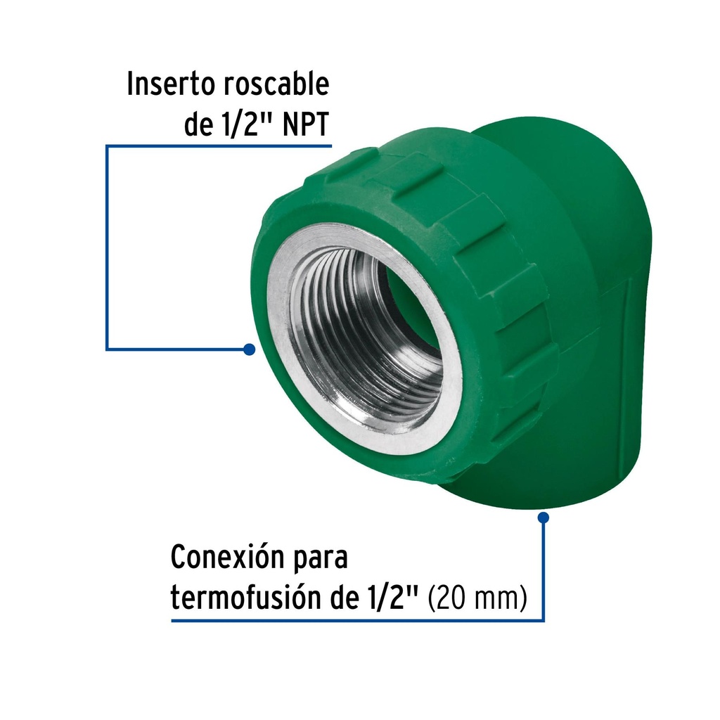 Codo 90° PPR de 1/2' hembra con inserto metálico, Foset