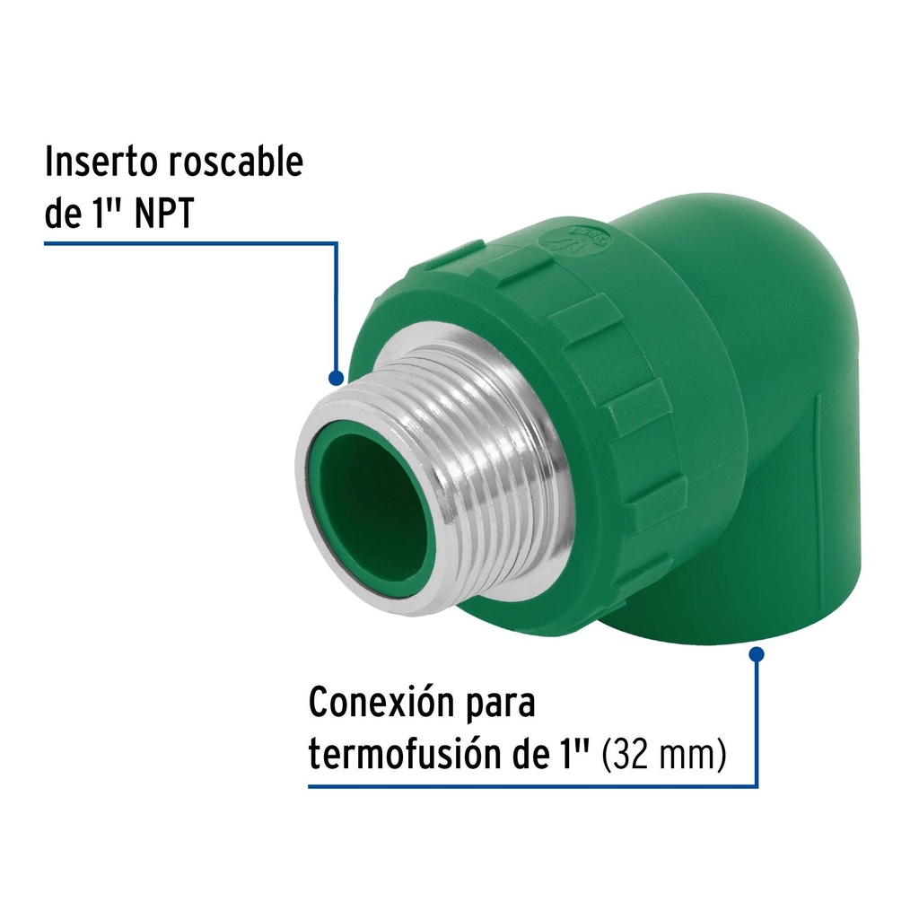 Codo 90° PPR de 1' macho con inserto metálico, Foset