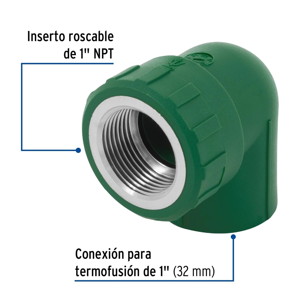 Codo 90° PPR de 1' hembra con inserto metálico, Foset