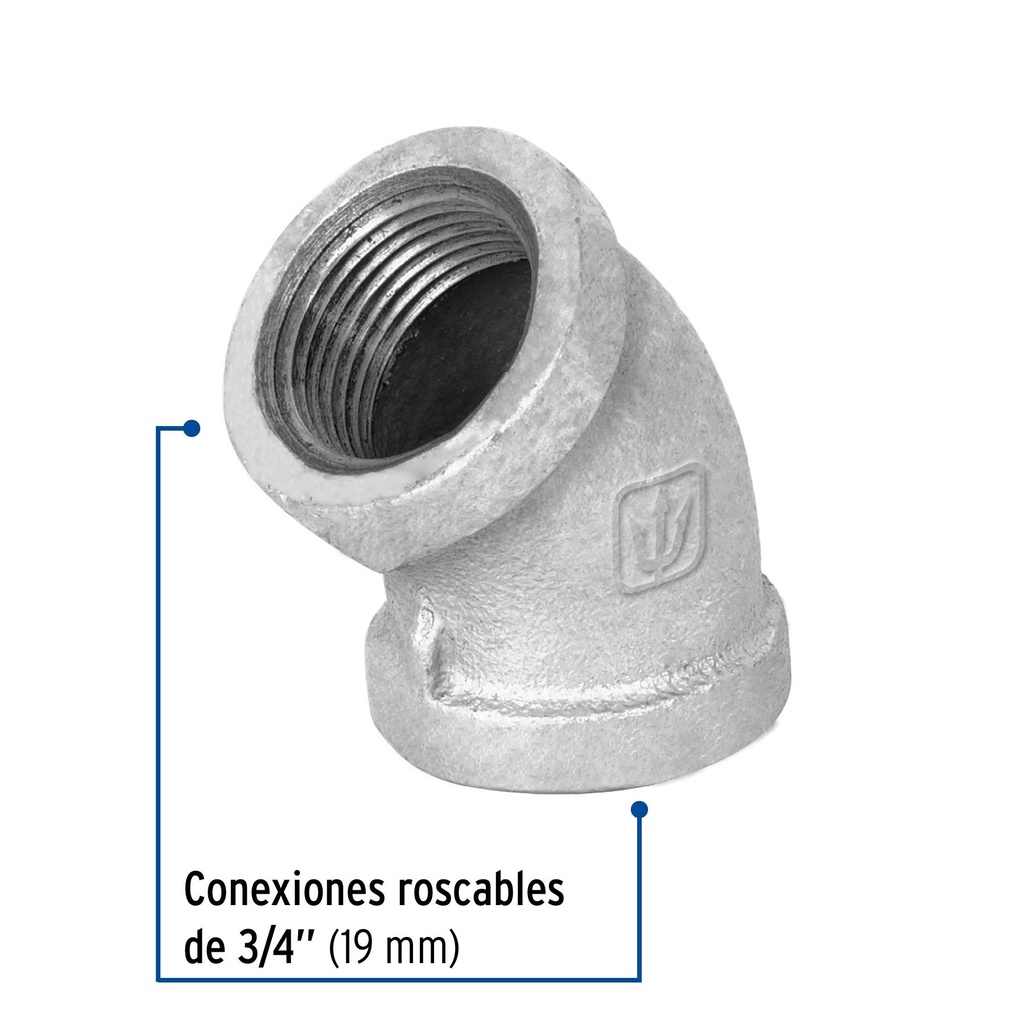 Codo 45° acero galvanizado de 3/4', Foset