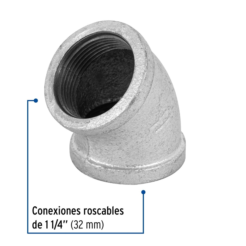 Codo 45° acero galvanizado de 1-1/4', Foset