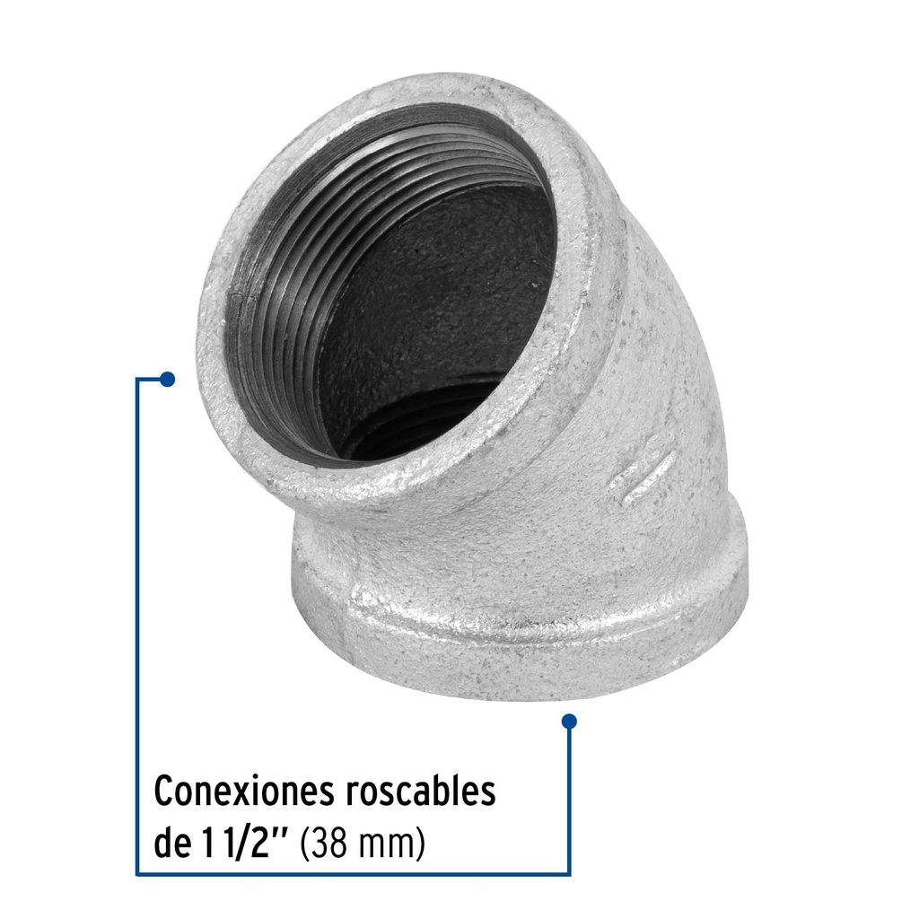 Codo 45° acero galvanizado de 1-1/2', Foset