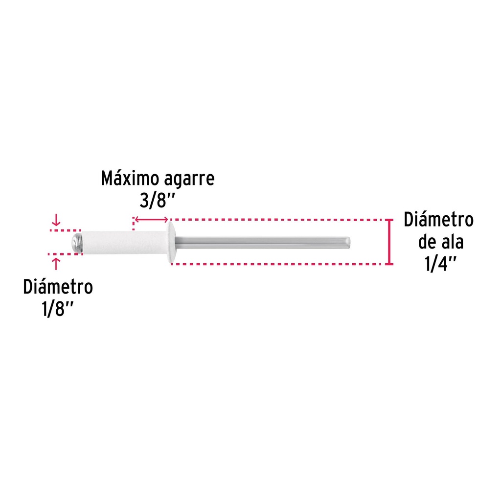 Bolsa c/50 remaches 1/8'x3/8' blancos de aluminio, ala 1/4'