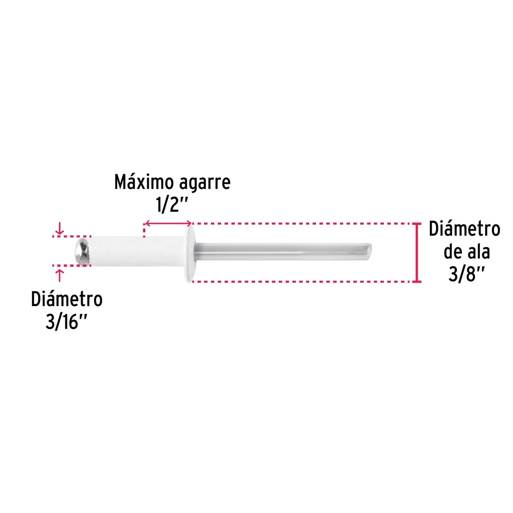 Bolsa c/50 remaches 3/16'x1/2' blancos de aluminio, ala 3/8'