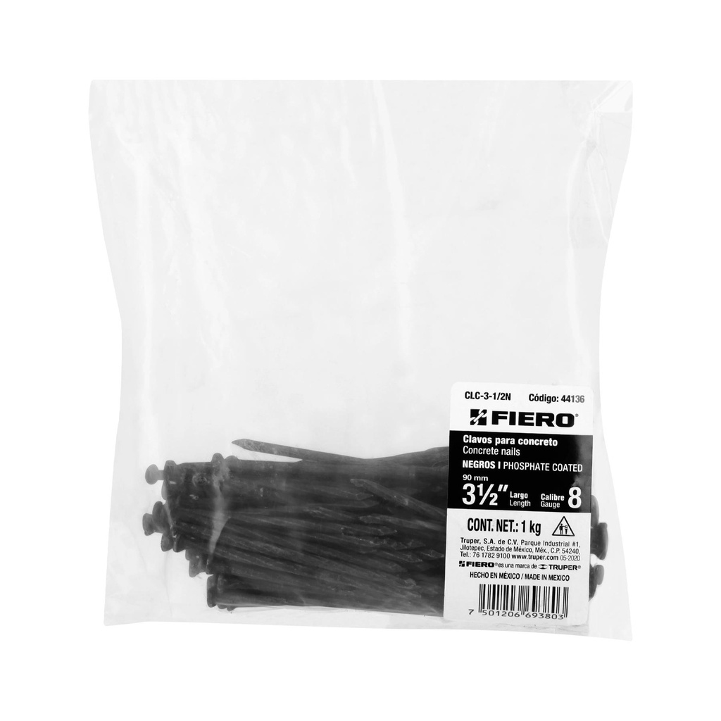 Bolsa con 1 kg de clavos para concreto negros 3-1/2', Fiero