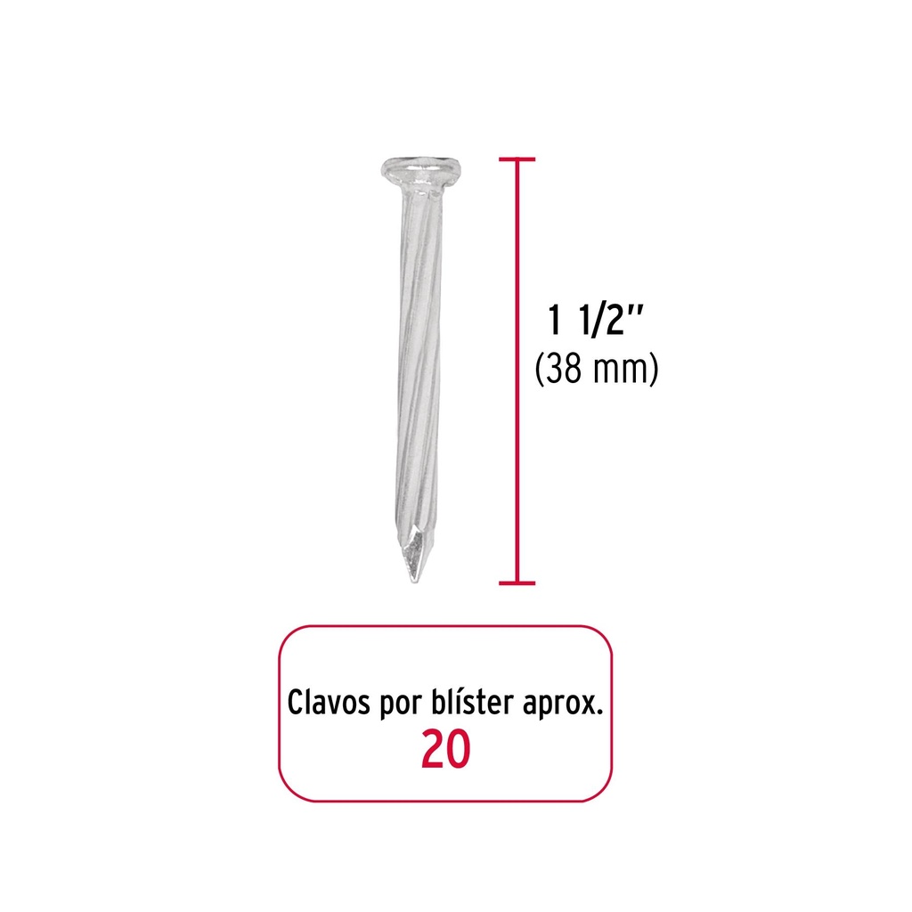 Blíster con 20 clavos galvanizados p/concreto 1-1/2', Fiero