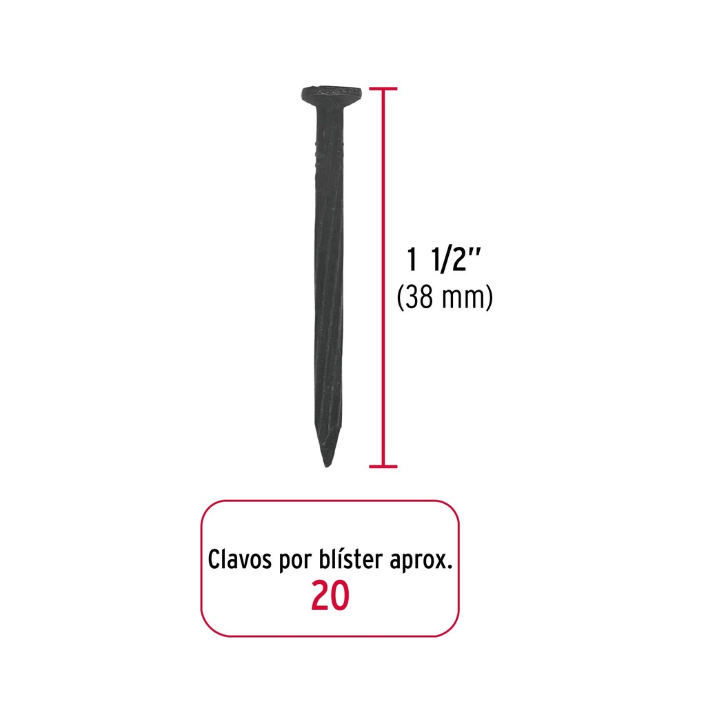 Blíster con 20 clavos negros para concreto 1-1/2', Fiero