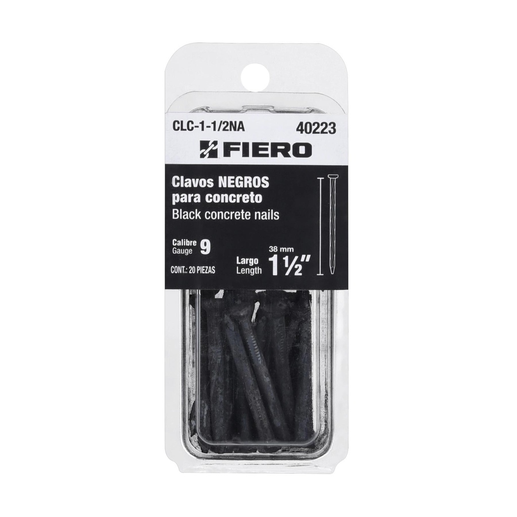 Blíster con 20 clavos negros para concreto 1-1/2', Fiero