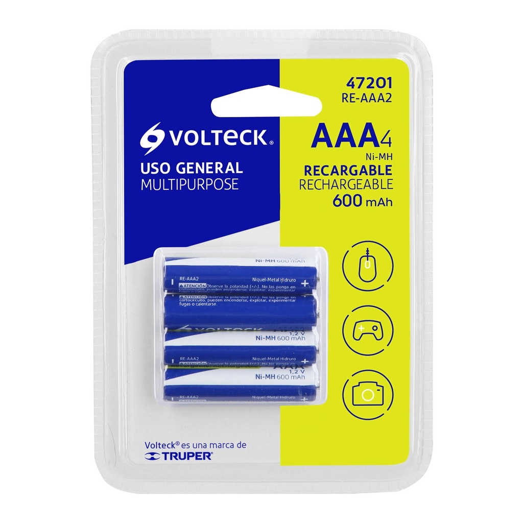 Blíster con 4 pilas AAA recargables uso general, 600 mAh